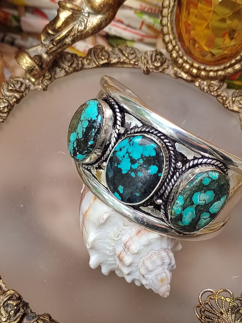 Sterling Silver Turquoise Three-Stone Cuff Bracelet